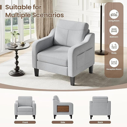 Accent Chair for Living Room Modern Linen Upholstered Armchair Side Wooden Fabric Sofa Chair with Foldable Table 2 Side Pockets Comfy Reading Chair for Bedroom