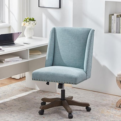 Armless Office Chair with Wooden Legs, Modern Adjustable Upholstered Home Office Desk Chair No Arms Sewing Chair Swivel Chair for Home Office Study Studio (Teal)