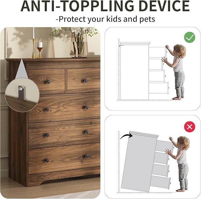 55 Inch Wide Dresser for Bedroom, 10 Drawer Dresser with Large Drawers, Thickened Top, Wood Chest for Living Room, Hallway, Walnut