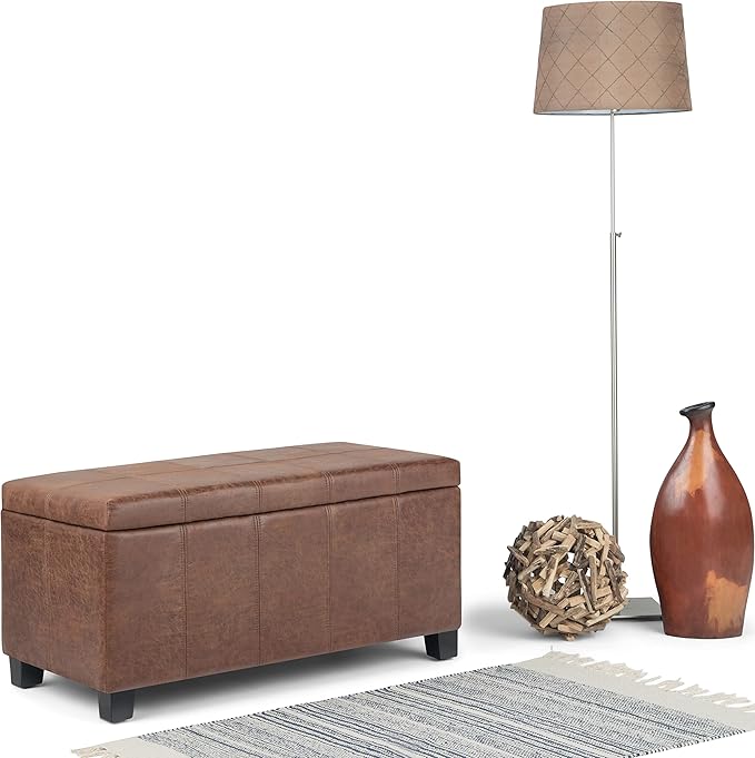 SIMPLIHOME Dover 36 inch Wide Contemporary Rectangle Storage Ottoman Bench in Distressed Umber Brown Vegan Faux Leather, Assembled, For the Living Room, Entryway and Family Room