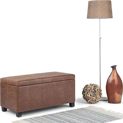 SIMPLIHOME Dover 36 inch Wide Contemporary Rectangle Storage Ottoman Bench in Distressed Umber Brown Vegan Faux Leather, Assembled, For the Living Room, Entryway and Family Room