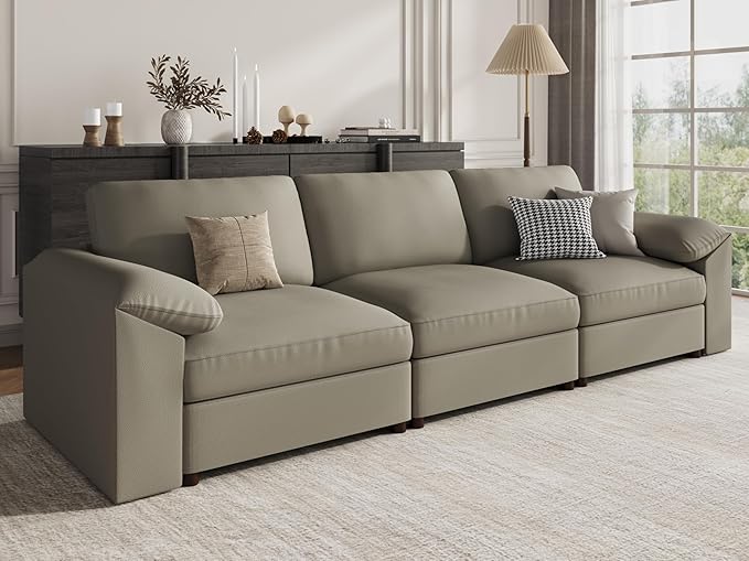 EASE MOOSE 3 Seater Deep Seat Sectional Sofa,Scratch Resistant Faux Leather Material, Oversized Modular Couch for Living Room,Modern Comfy Sofas for Small Spaces, Light Grey