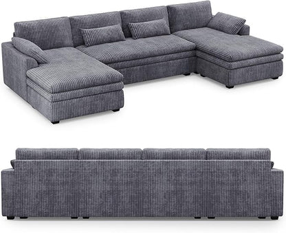 Belffin Large Modular Sectional Sofa with Double Deep Chaise, 135" Corduroy U Shaped Sectional Couch with 9" Soft Dual-Layer 6 Seats U Shaped Couch for Living Room, Apartment, Light Grey
