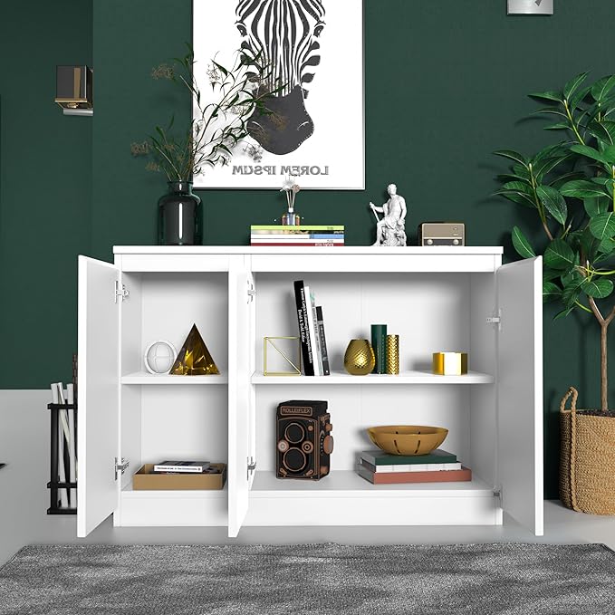 White Buffet Storage Cabinet with 3 Door, 43" W Coffee Bar Cabinet, Kitchen Buffet Sideboard for Living Room, Kitchen, 43.3" W x 31.5" H