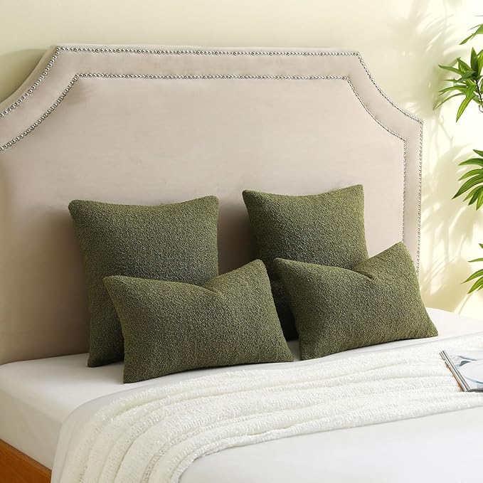 FUTEI Pack of 2 Moss Green Decorative Throw Pillow Covers 18x18 Inch Soft Cozy Solid Boucle Textured Cushion Case,Modern Home Decor for Couch Bed Living Room