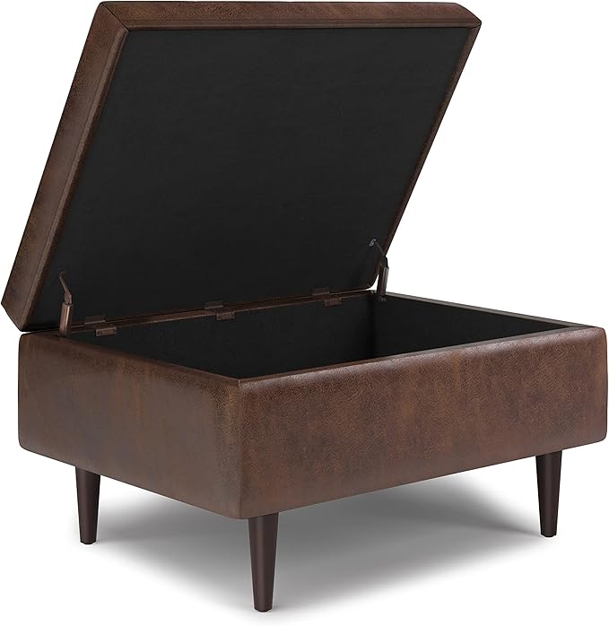 SIMPLIHOME Shay 34 inch Wide Mid Century Modern Small Rectangle Coffee Table Storage Ottoman in Distressed Chestnut Brown Vegan Faux Leather, Assembled, For the Living Room