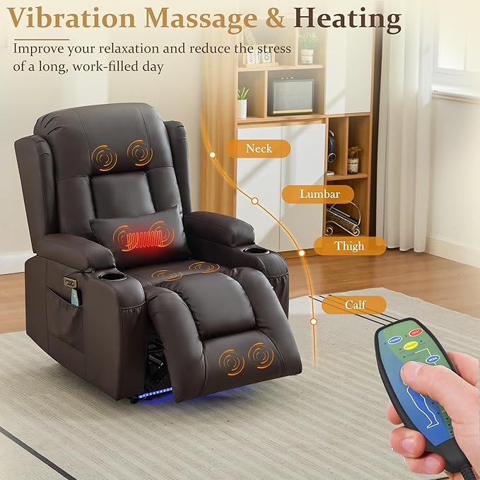 URRED Power Recliner Chair with Massage and Heat for Adults, Electric Reclining Sofa Home Theater Seating with Ambient Light, USB Ports, Cup Holders, Side Pockets, Pillow, Faux Leather, Brown
