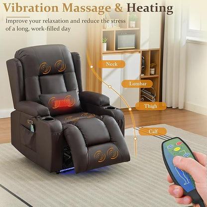 URRED Power Recliner Chair with Massage and Heat for Adults, Electric Reclining Sofa Home Theater Seating with Ambient Light, USB Ports, Cup Holders, Side Pockets, Pillow, Faux Leather, Brown