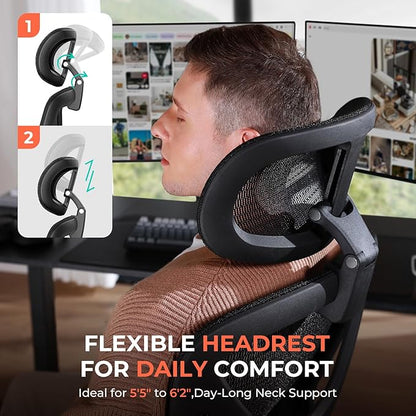 CAPOT Ergonomic Mesh Office Chair, Adjustable Lumbar High Back Desk Chair 400lbs, 4D Flip-up Arms, 3-Level Tilt Backrest, 3D Headrest, PU Wheels, Swivel Rolling Computer Seating for Long Desk Work