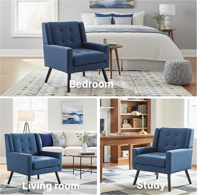 Mid-Century Modern Accent Chair, Plush Linen Fabric with Button Tufted High Back & 5" Thick Cushion, High Comfort Reading Chair for Living Room, Bedroom, Office (Blue)