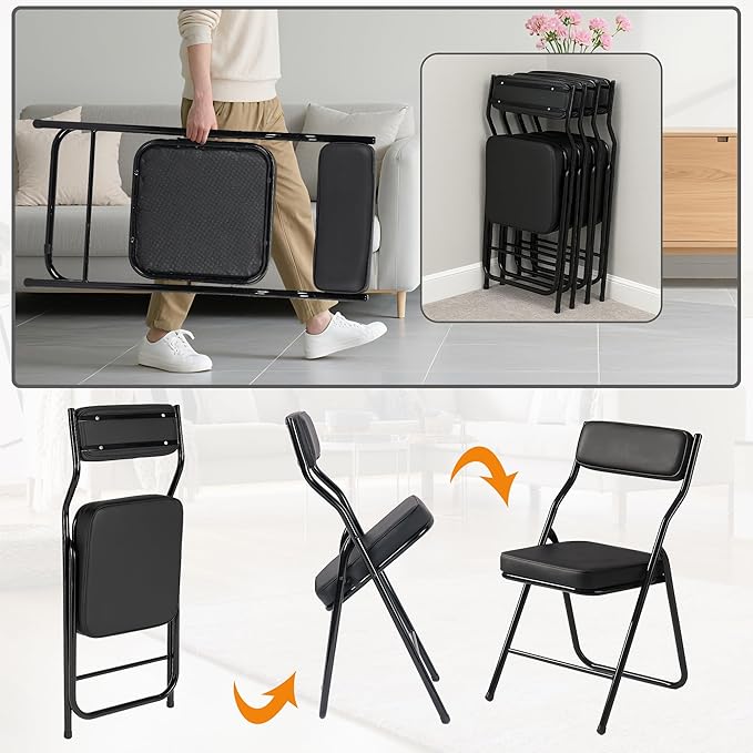 2 Pack Padded Folding Chairs with Cushion, Foldable Dining Chair Set Portable Indoor Outdoor Stackable Folding Chairs with Steel Frame for Home Office Events Wedding Party Black