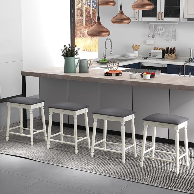COSTWAY Upholstered Bar Stools Set of 2, 24-Inch Backless Counter Height Dining Stools with Delicate Wood Carving, Footrest, Solid Rubber Wood Frame, Farmhouse BarStools for Kitchen Island Bar, White