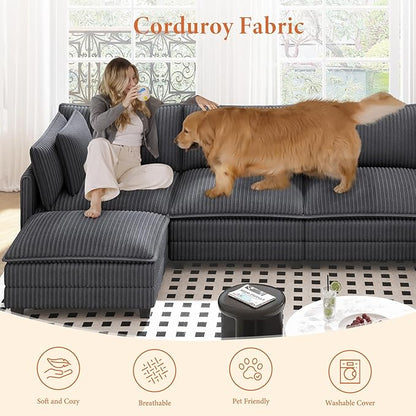Vesgantti 143" L Shaped Modular Sectional Couch, Comfy Corduroy Upholstered Cloud Couches for Living Room, Modern 3 Seater Sofa with Movable Ottoman & Throw Pillows, Charcoal Grey