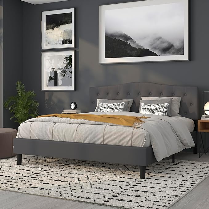 BizChair Tufted Upholstered King Size Headboard in Dark Gray Fabric