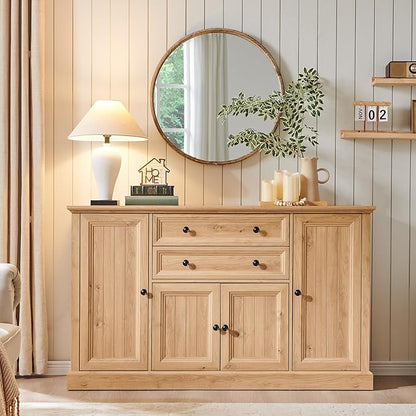 Farmhouse 58" Buffet Cabinet with Storage, 34" Tall Sideboard Cabinet w/2 Large Drawers & 4 Grooved Barn Doors, Wood Rustic Sideboard for Dinning Room, Kitchen, Living Room,Natural
