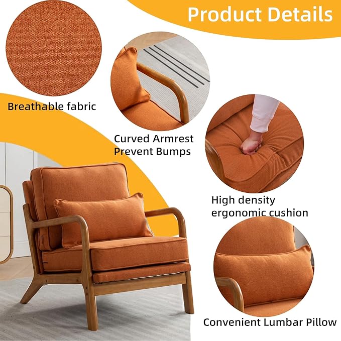 Mid-Century Accent Chair Set of 2,Linen Fabric Lounge Chair with Wide Armrest,Linen Fabric Armchair withLumbar Pillow & Solid Wood Frame for Living Room, Bedroom, Balcony(Orange)