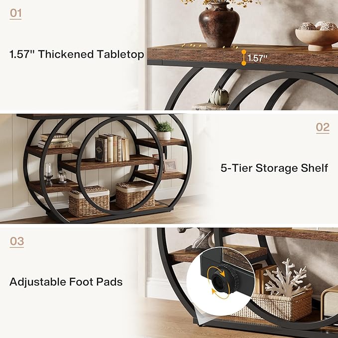 Tribesigns 47" Console Table, 5-Tier Industrial Entryway Table with Metal Frame, Narrow Sofa Table Behind Couch Accent Tables for Living Room, Hallway, Foyer, Rustic Brown