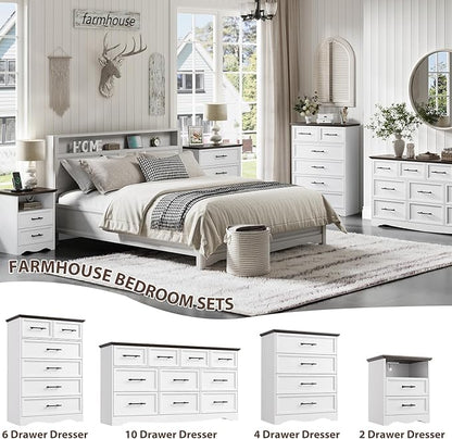 Nightstand with Charging Station, Farmhouse End Table with 2 Drawers Storage and Open Shelf, Wood Cabinet with Unique Base Design, Bedside Table for Bedroom, Living Room, White