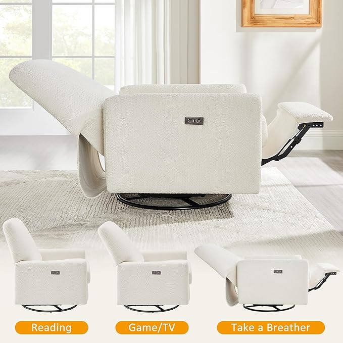 VANOMi Power Swivel Glider Recliner Chair, Electric Nursery Rocker Recliner Chair, USB & Type-C Charger, Boucle White