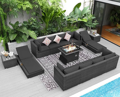 NICESOUL 13 Piece Outside Patio Set with Fire Pit Table, UV Resistant All Weather Grey Wicker Outdoor Furniture with Lounge Chair, Large Modular Outdoor Sofa with Chaise Heavyweight for Deck, Pool
