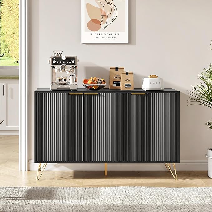 Fluted Buffet Cabinet,Wooden Console Storage with 3 Doors and Adjustable Shelves,Black Sideboard for Entryway,Kitchen,Bathroom,Home Office