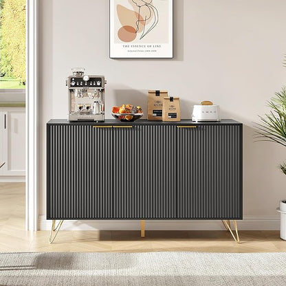 Fluted Buffet Cabinet,Wooden Console Storage with 3 Doors and Adjustable Shelves,Black Sideboard for Entryway,Kitchen,Bathroom,Home Office