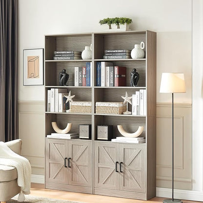 70in Tall Bookshelf 6 Tier Bookcase with Barn Doors and Adjustable Shelf, Oak Grey Farmhouse Book Shelves with Storage Cabinet, Wood Floor Standing Display Bookshelve for Bedroom, Living Room