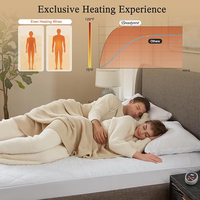 Beautyrest Cotton Heated Mattress Pad - Bed Warmer with 20 Heat Settings Controller, Auto Shut Off Timer, All Around Elastic Deep Pocket, UL Certified, Machine Washable, White Queen