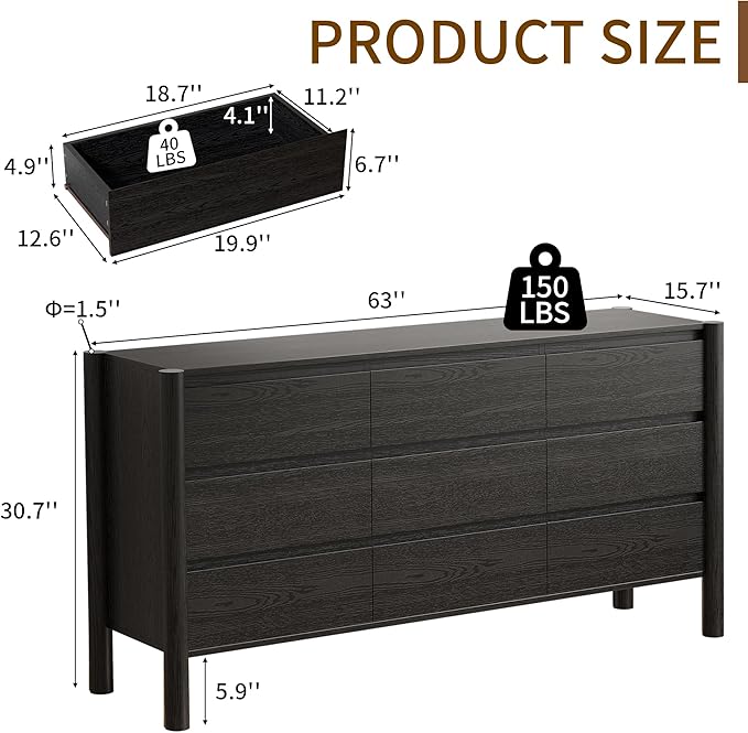 CHUWELL Dresser for Bedroom, 63" Wide Mid Century Modern Chest of Drawers with 9 Large Storage Space and 4 Solid Wood Cylindrical Legs, 9 Drawer Large Dresser for Bedroom(Black)
