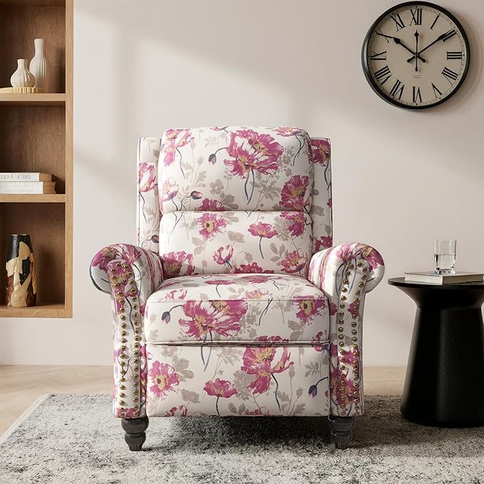 Lumibee Recliner Chair, Wingback Recliner Chair for Living Room, Modern Upholstered Faux Leather Pushback Armchair with Adjustable Backrest & Footrest for Small Spaces,Bedroom-Pattern White