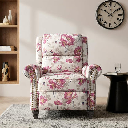 Lumibee Recliner Chair, Wingback Recliner Chair for Living Room, Modern Upholstered Faux Leather Pushback Armchair with Adjustable Backrest & Footrest for Small Spaces,Bedroom-Pattern White