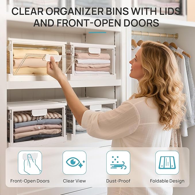 Vtopmart 8 Pack Clear Stackable Storage Bins with Lids 24QT, Foldable Storage Boxes with Doors Open Front, Plastic Closet Organizer for Craft, Toys, Pantry Organization