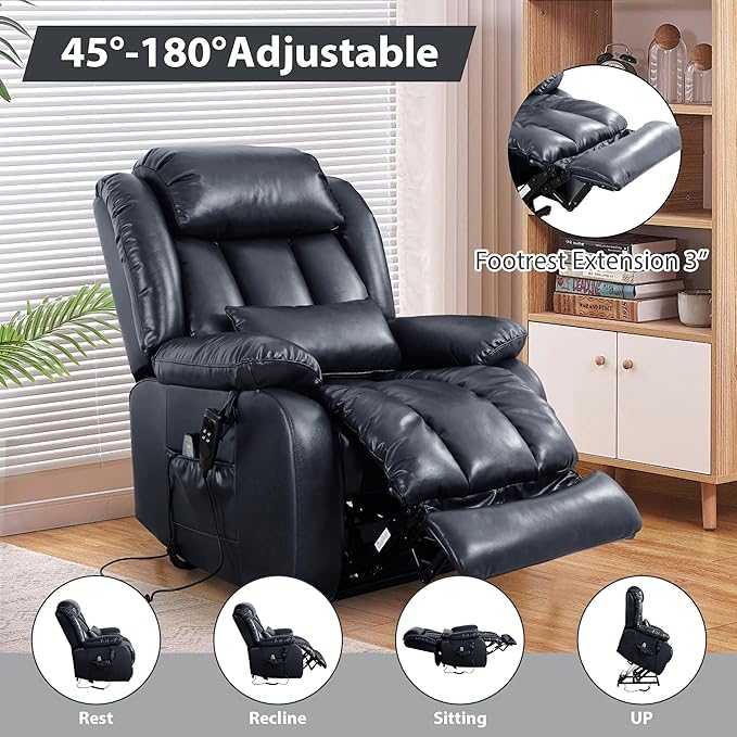 EDILLY Large Reclining Lift Chair, Dual Motor Massage Chair, Genuine Leather Recliner with Heating and Massage for Seniors, with Double Lumbar Cushion and Extended Footrest, USB Port(Blue)