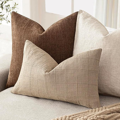 Foindtower Set of 2 Decorative Linen Check Throw Pillow Covers Neutral Farmhouse Lumbar Cushion Covers Modern Coastal Boho Home Decor for Sofa Chair Couch Bedroom Living Room,12×20 Inch,Camel