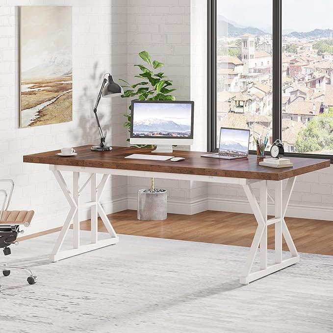 Tribesigns 70.8-Inch Executive Desk, Large Computer Office Desk Workstation, Modern Simple Style Laptop Desk Study Writing Table Business Furniture for Home Office (Brown/White, 70.8 Inch)