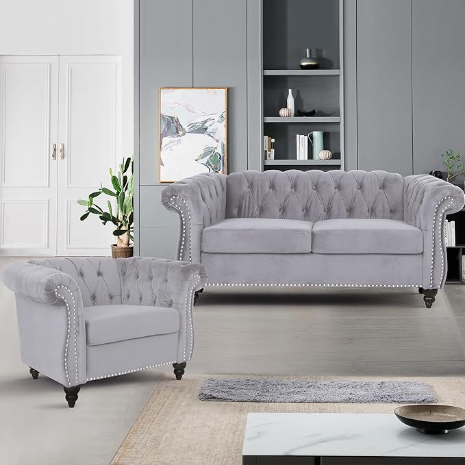 2 Piece Living Room Furniture Set, Velvet Loveseat and Chair Set, Mid Century Modern Upholstered Sofa Couch with Cushions, Comfy Tufted Chesterfield Couches for Living Room, Bedroom, Office