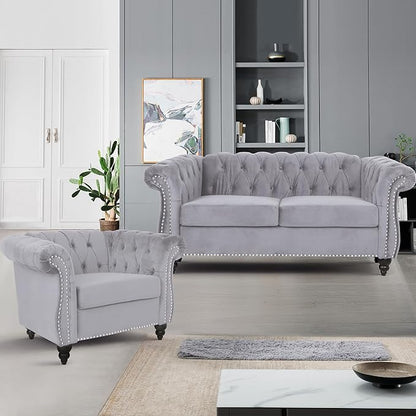 2 Piece Living Room Furniture Set, Velvet Loveseat and Chair Set, Mid Century Modern Upholstered Sofa Couch with Cushions, Comfy Tufted Chesterfield Couches for Living Room, Bedroom, Office