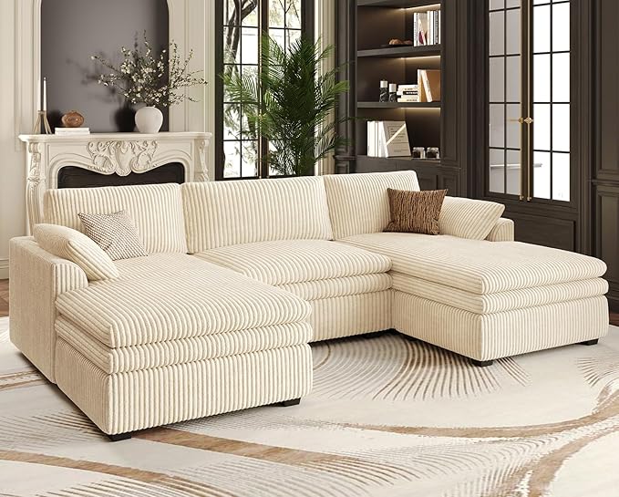 Belffin Large Modular Sectional Sofa with Double Deep Chaise, 104" Corduroy U Shaped Couch with 9" Soft Dual-Layer Seats Cushion Sectional Couches for Living Room, Apartment, Beige