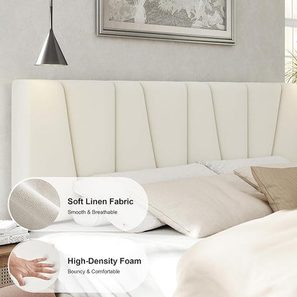 King Size Bed Frame with Fabric Upholstered Headboard, Platform Bed with Wooden Slats Support, Fully Mattress Foundation, Box Spring Optional, Easy Assembly