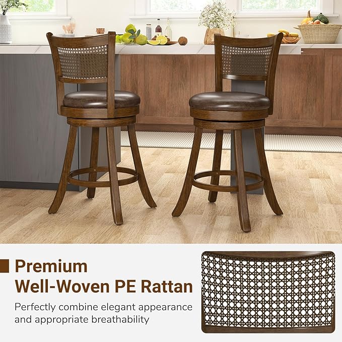 COSTWAY 25” Swivel Counter Height Barstools Set of 4, Rubber Wood Bar Stools with Rattan Backrest, Footrest, Upholstered Leathaire Armless Chairs for Kitchen Island, Pub, Brown (4, 25” Seat Height)