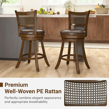 COSTWAY 25” Swivel Counter Height Barstools Set of 4, Rubber Wood Bar Stools with Rattan Backrest, Footrest, Upholstered Leathaire Armless Chairs for Kitchen Island, Pub, Brown (4, 25” Seat Height)