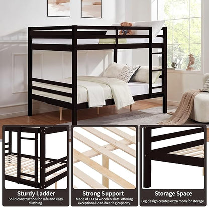 Full Over Full Bunk Bed with Thick Posts,Wooden Bunk Bed with High Guardrail and Ladder for Kids, Teens, Dorm Rooms, and Guest Rooms,No Box Spring Needed, Espresso