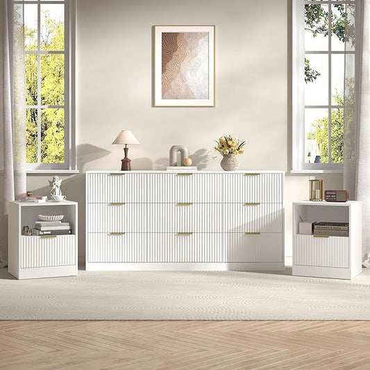 3-Piece Modern Bedroom Furniture Set, Wide 9-Drawer Dresser & 1-Drawer Nightstands Set of 2, Natural Wood Dresser and Nightstand Sets for Bedroom, Hallway, White
