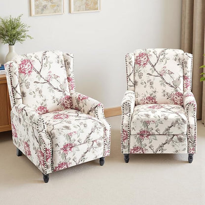 Wingback Recliner Chair Set of 2, Floral Fabric Pushback Recliner Chair, Upholstered Armchair Push Back Recliner, Rivet Trim Single Sofa Accent Chair with Wood Legs for Living Room, Floral Plants