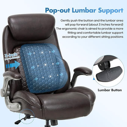 COLAMY Office Ergonomic Desk High Back Executive Chair with Pop-Out Lumbar Support, Upgraded Casters, Adjustable Headrest, Flip-Up Arms, Leather Home with Thick Cushion for Comfort - Brown