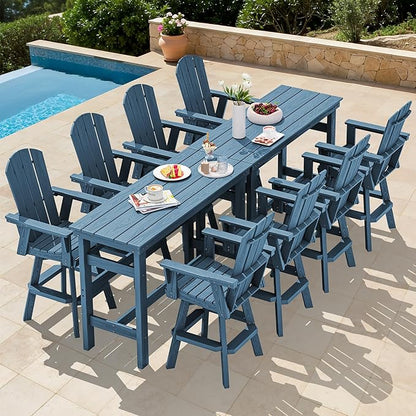 SERWALL 10-Piece Swivel Adirondack Bar Set, HDPE Swivel Bar Height Chairs Set of 8 with 2 Bar Tables, All-Weather Outdoor Barstools for Patio, Poolside, Garden, Blue