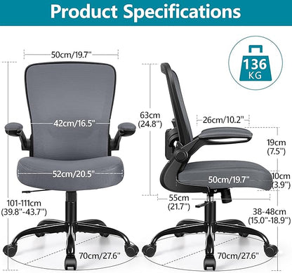 FelixKing Office Chair, Ergonomic Desk Chair Breathable Mesh Chairs Adjustable High Back Lumbar Support Flip-up Armrests, Executive Rolling Swivel Comfy Computer Chairs Home Office Dark Gray