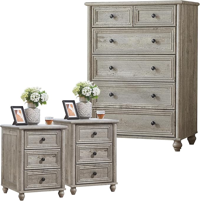 Farmhouse Dressers and Night Stand Set of 3, Wood 43.5'' Tall Dresser and 18'' Wide Chest of Drawers, Roman Column Nightstand Set of 2, Bedroom Furniture Dresser Suites for Living Room, Hallway, Home