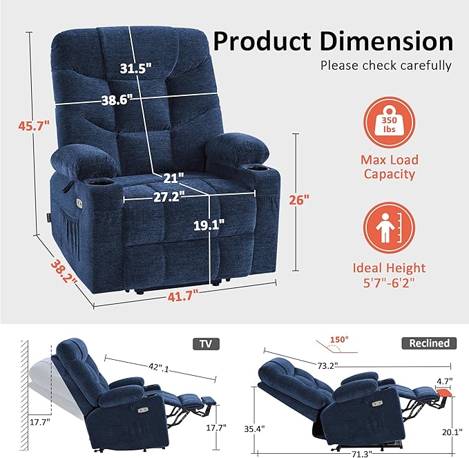 MCombo Oversized Power Lift Recliner Chair with Extended Footrest for Elderly People, Fabric R7399 (Navy Blue, Large-Oversize)