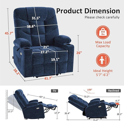 MCombo Oversized Power Lift Recliner Chair with Extended Footrest for Elderly People, Fabric R7399 (Navy Blue, Large-Oversize)